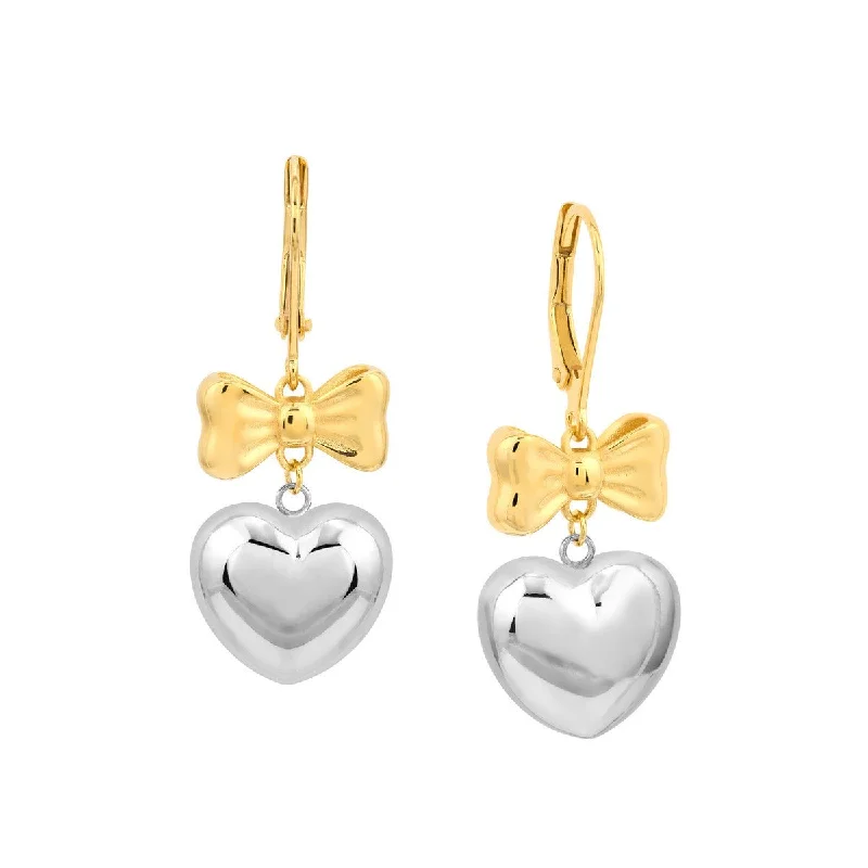 Elegant long drop earrings for formal wear -14K Two Tone Gold Heart Bow Dangle Earrings