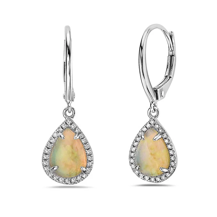 Large dangle earrings for dramatic flair -14K White Gold Pear Shape Opal And Diamond Earring