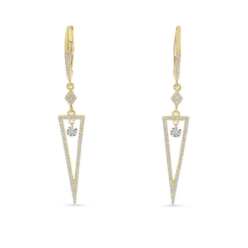 Bold statement earrings with gemstones -14K Yellow Gold Dashing Diamond Triangle Dangle Earrings