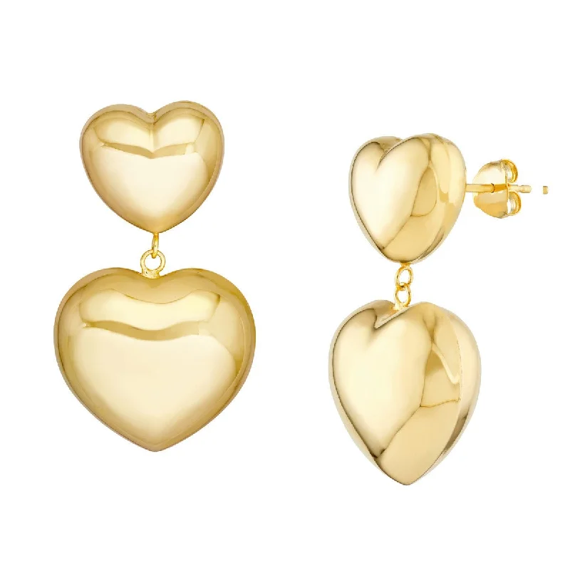 Classic pearl stud earrings for weddings -14K Yellow Gold Double Puff Heart Dangle Earrings