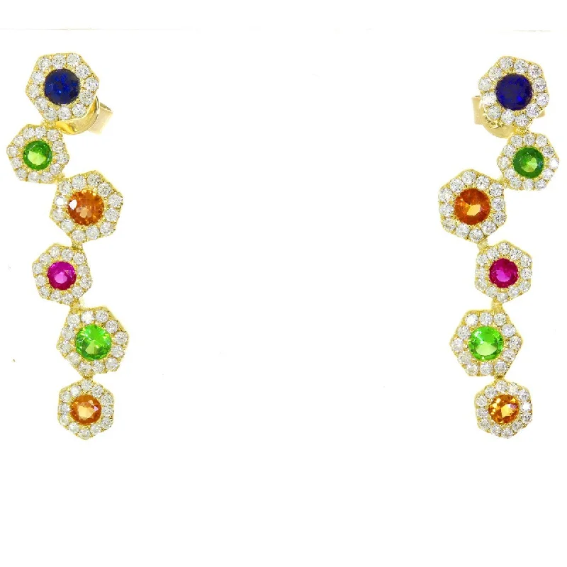 Bold gold earrings for confident fashion -14K Yellow Gold Hexagon Zigzag Rainbow Sapphire and Diamond Earrings