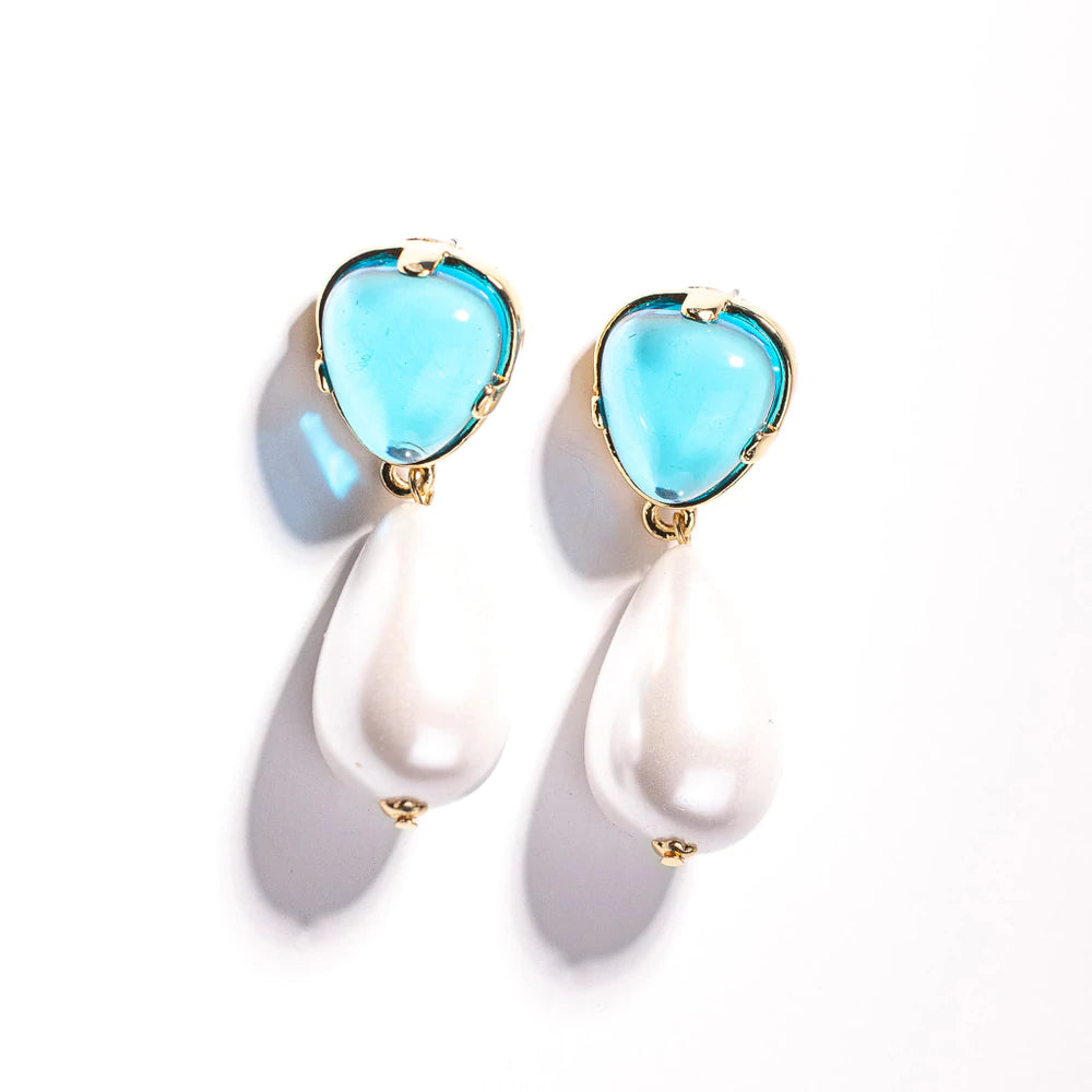 Feather earrings for boho chic outfits -Aqua Pearl