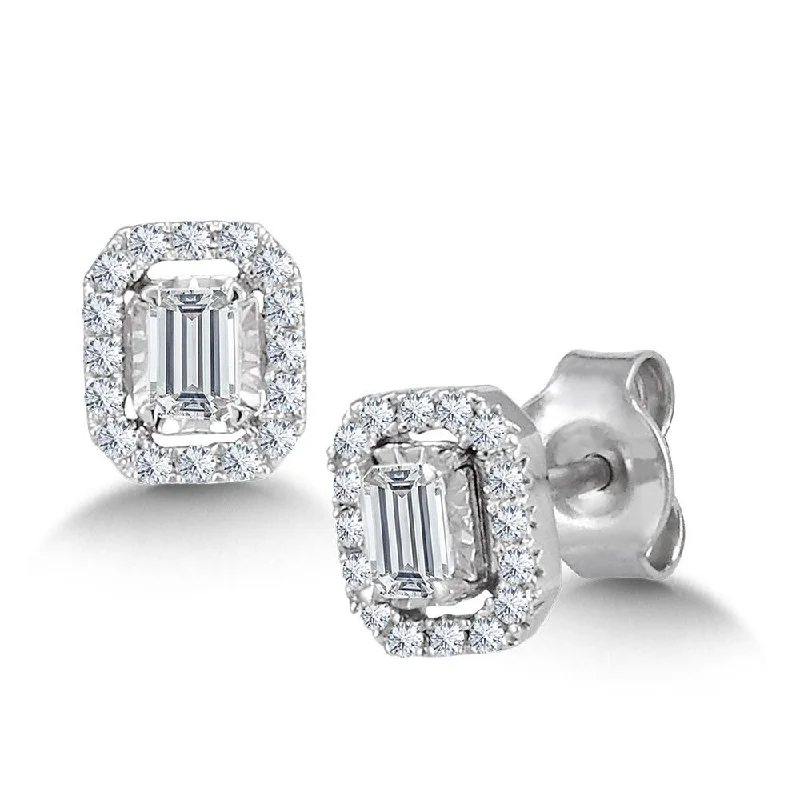 Luxury earrings with colored stones for opulent looks -EMERALD-CUT, DIAMOND STAR, HEAVENLY HALO STUD EARRINGS