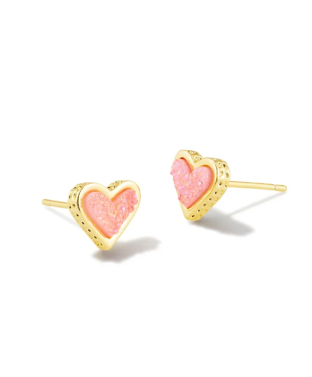 Fashion-forward ear cuffs for trendy looks -Framed Ari Gold Plated Light Pink Drusy Heart Stud Earrings by Kendra Scott