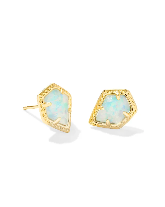 Modern gold earrings for sleek outfits -Framed Tessa Yellow Gold Plated Stud Earrings with Luster Light Blue Opal by Kendra Scott