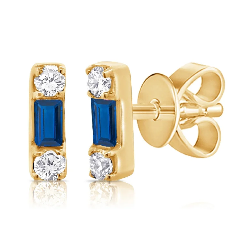 Unique geometric earrings for modern fashion -Joelle Diamond & Blue Sapphire Baguette Tiny Stud Earrings 14K Gold