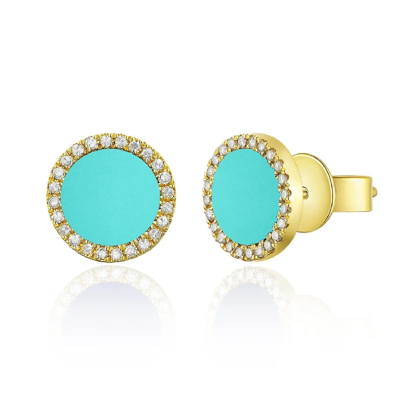 Vintage inspired crystal earrings for timeless beauty -Joelle Diamond & Turquoise Circle Disc Studs Earrings 14K Gold 1/10ct TDW