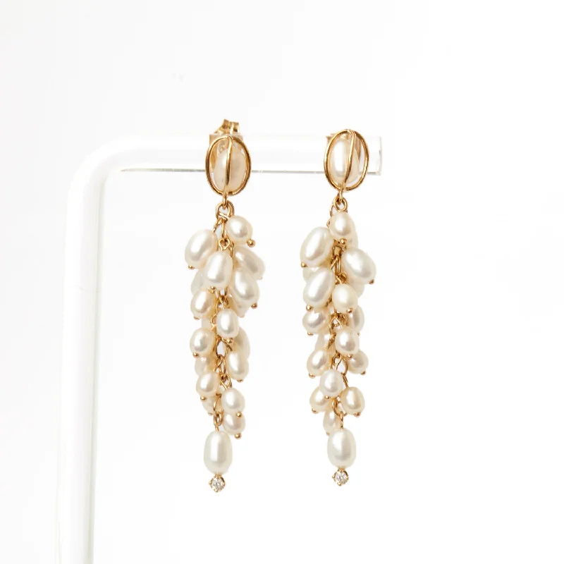 Long silver earrings for graceful style -Shadow Diamond & Pearl Earrings