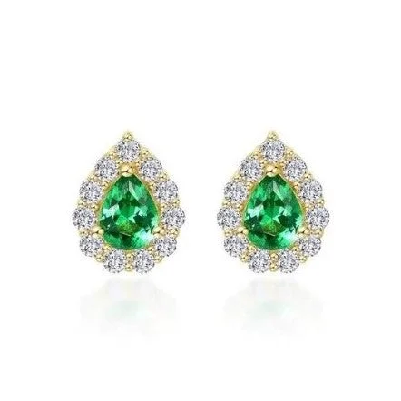 Small silver earrings for subtle elegance -SS/GP 0.72cttw Simulated Diamond & Simulated Emerald Pear Shape Halo Stud Earrings