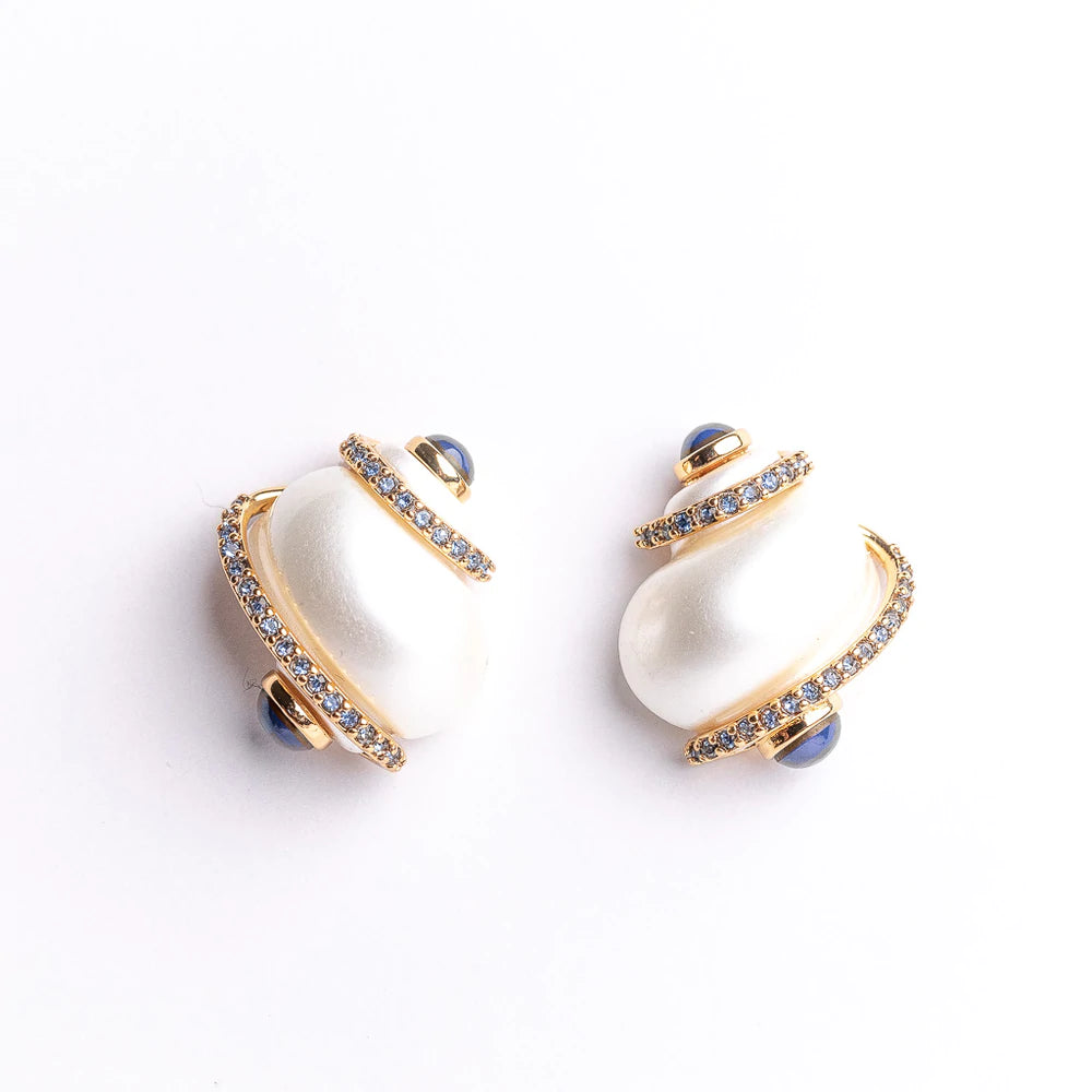 Classic pearl stud earrings for weddings -White Shell Blue Tip