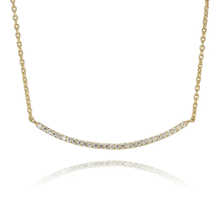 sterling silver pendant necklace for women -10K Yellow Gold Cubic Zirconia Curved Bar Necklace