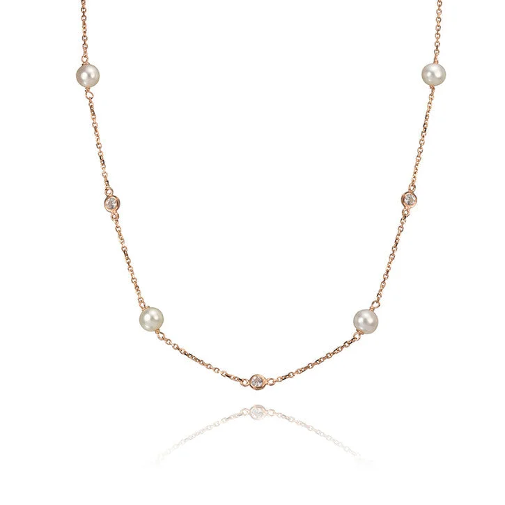 minimalist name necklace for women -14K Rose Gold Freshwater Pearl and Cubic Zirconia Necklace