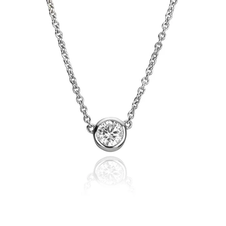 vintage heart pendant necklace for women -14K White Gold Solitaire Bezel Necklace