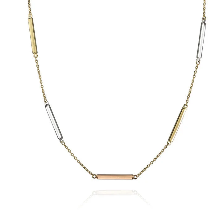 engraved nameplate necklace for men -18K Yellow Gold Rolo Link Triple Coloured Bar Necklace