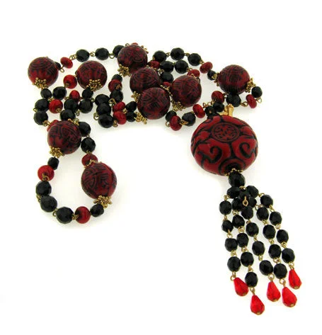 crystal pendant necklace for layering -39" Layered Wrapping Carved Red and Black Beaded Asian Style Tassel Necklace