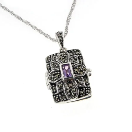 double name necklace for couples -Amethyst Photo Locket Pendant Sterling Silver Necklace