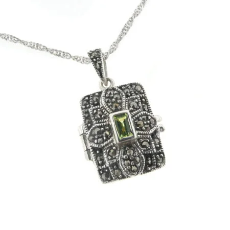 geometric pendant necklace for women -Antiqued Marcasite and Peridot Photo Locket Pendant Sterling Silver with 18" Chain Necklace