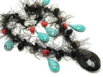 layered nameplate necklace for women -Black Fuzzy Necklace with Synthetic Turquoise Earrings