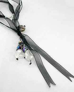 heart-shaped gemstone pendant necklace -Dark Black Sheer Ribbon and Cord Y Necklace 24" Sterling Silver Clasp