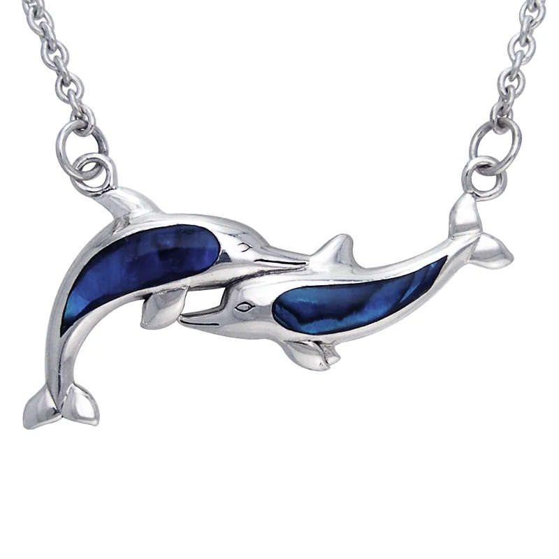 simple silver pendant necklace for women -Blue Paua Shell Affectionate Dolphins 18" Adjustable Sterling Silver Necklace