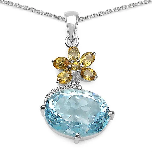 pearl pendant necklace for formal events -Blue Topaz & Citrine Flower Sterling Silver Pendant Necklace