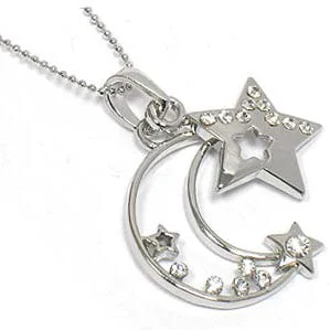 diamond heart pendant necklace for women -Celestial Crystal Crescent Moon and Star Pendant 18" Necklace