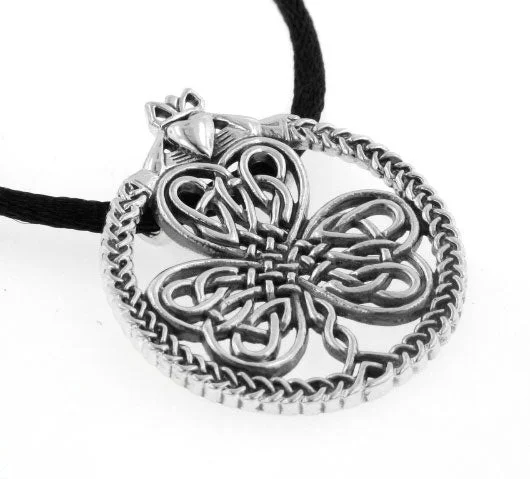 delicate gold heart necklace for women -Celtic Knot Irish Shamrock Clover Claddagh Sterling Silver Pendant 19" Necklace