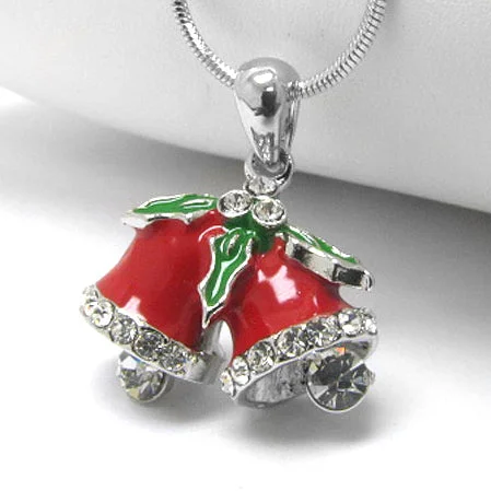 long chain pendant necklace for women -Christmas Cheer Holiday Bells with Mistletoe - 17" Pendant Necklace