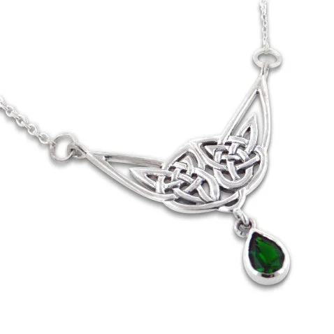 custom birthstone necklace for women -Simulated Emerald Green Glass Teardrop Sterling Silver Celtic Knot Necklace 18"