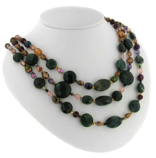 handmade charm necklace for women -Genuine Moss Agate Beaded Triple Strand Copper Necklace