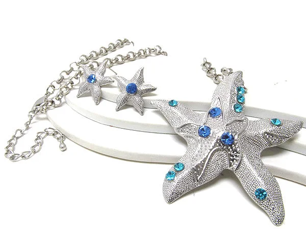 gold locket necklace for keepsakes -Large Starfish with Blue Crystals Pendant Necklance and Earrings Set