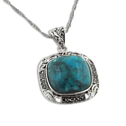 minimalist silver necklace for women -Art Deco Squared Turquoise and Marcasite Sterling Silver Pendant 18" Necklace