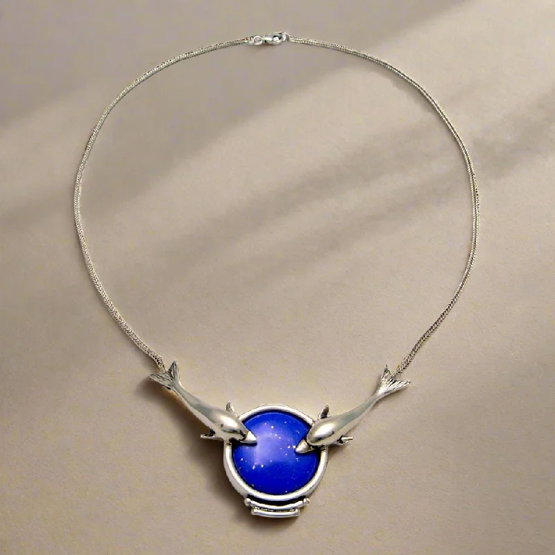 sapphire drop necklace for women -Minoan Dolphins Lapis Lazuli Sterling Silver Necklace (PE-14)