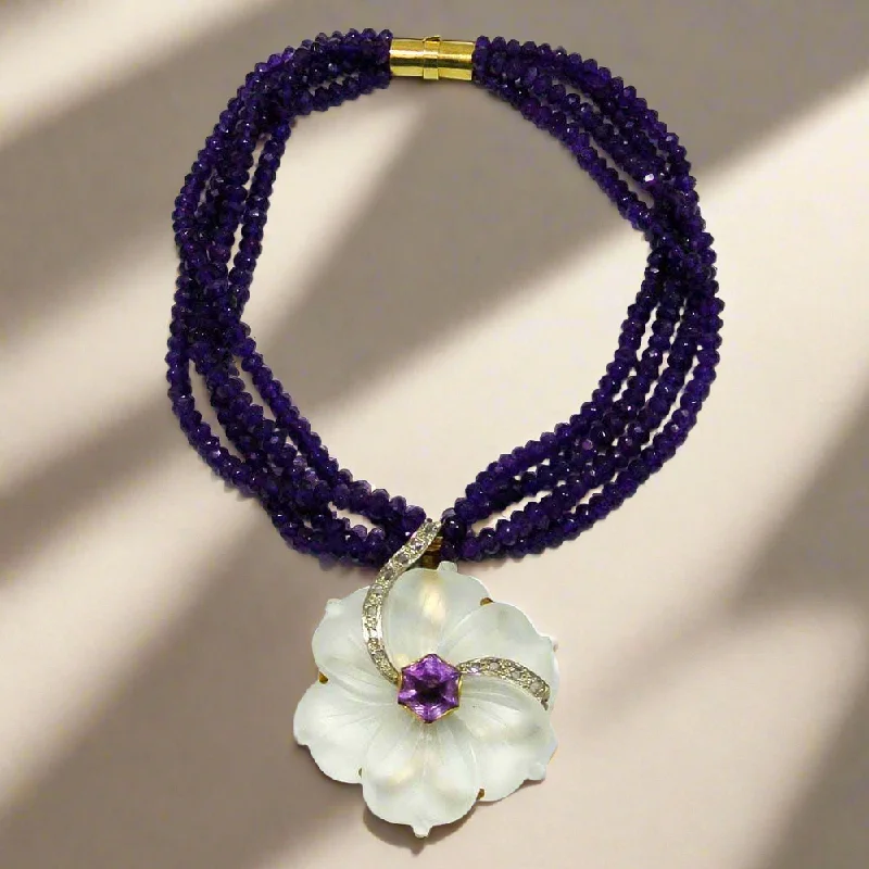 custom birthstone necklace for women -Necklace in 18k gold Rock crystal flower with diamonds and amethyst