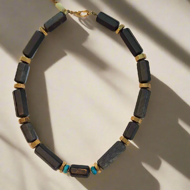 colorful gemstone necklace for women -Necklace in 18k gold with Black Obsidian and Turquoise stones