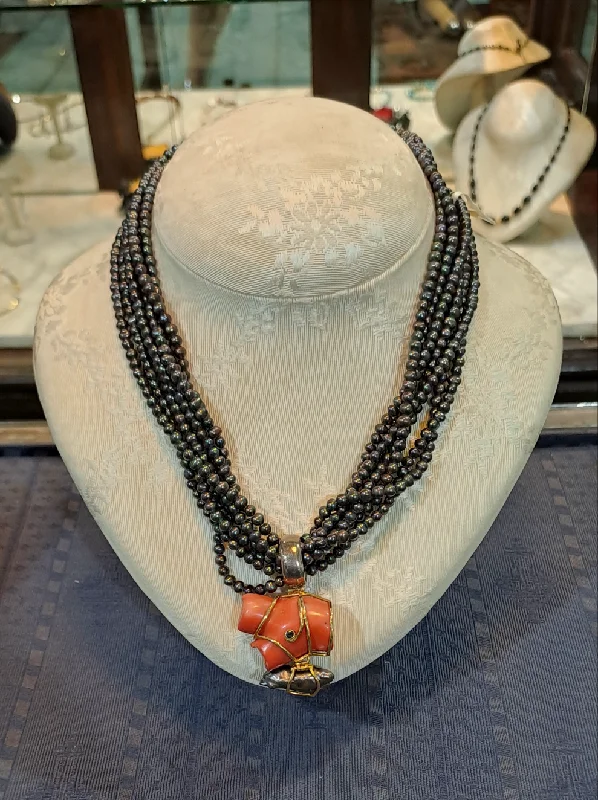 heart-shaped locket necklace for gifts -Necklace in Black Tahitian Pearls with sterling silver elements and a Coral Pendant with brilliants and 18k elements