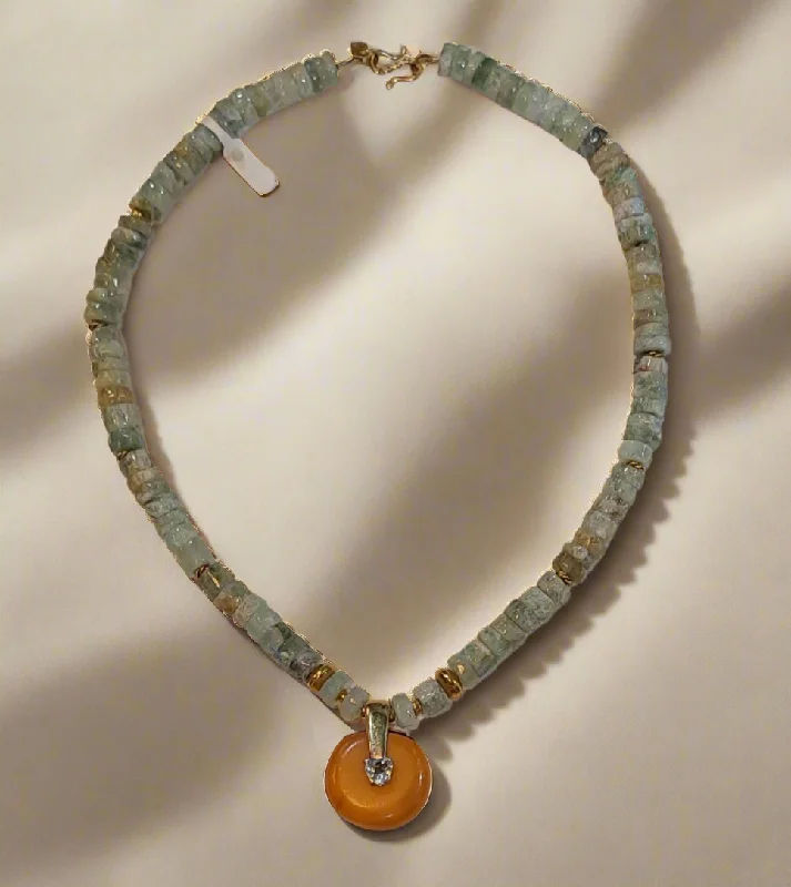 birthstone heart necklace for moms -Necklace with Aquamarine gemstones, Amber medallion with diamonds and gold 18k elements