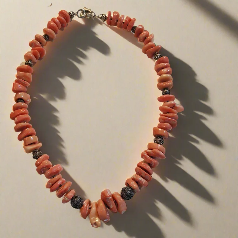 matching couple necklaces for anniversary -Necklace with baroque Pink Coral Stones (Angel Skin) and Silver Elements