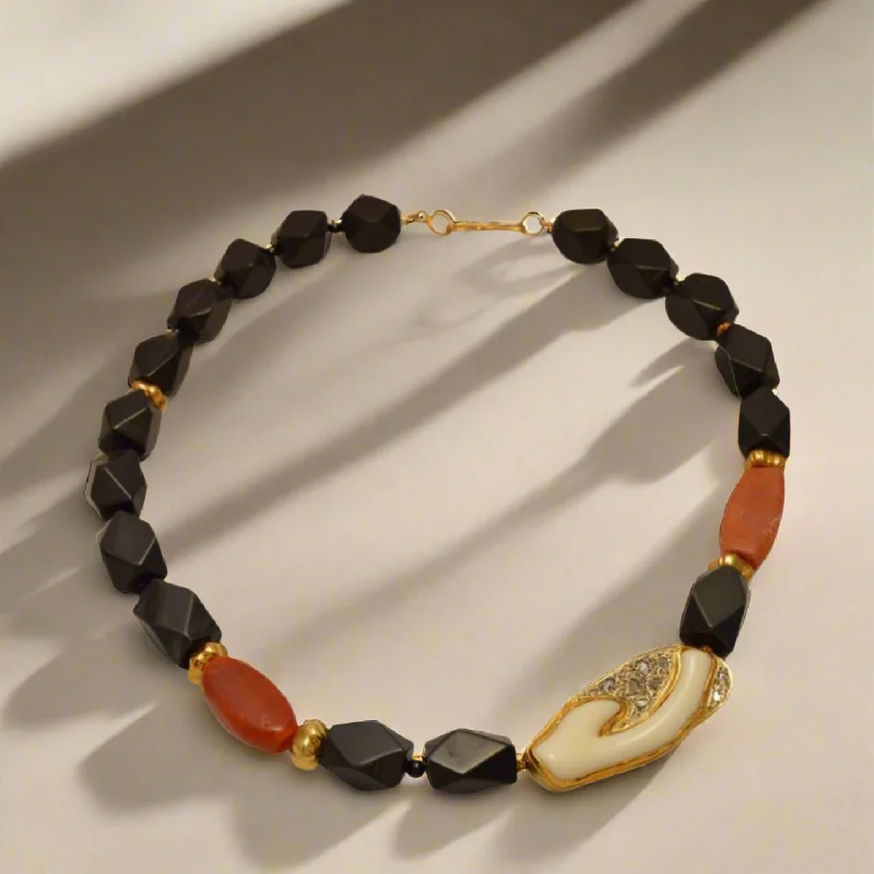 gold pendant necklace with initials -Necklace with Black Obsidian,  Carnelian, Coral with Diamonds and 18k gold elements