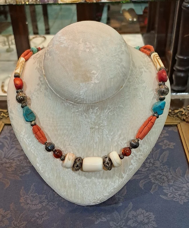 layered pearl necklace for brides -Necklace with Bone Stones amber corals turquoise stones and sterling silver