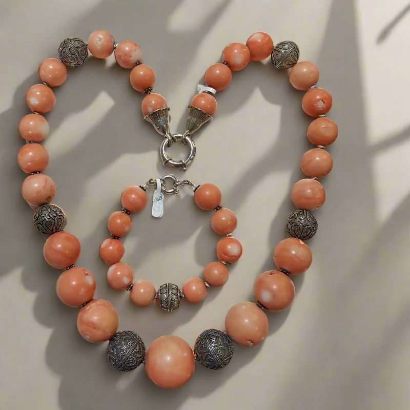 personalized initial pendant necklace for women -Necklace with Pink Coral Stones (Angel Skin) and Silver Elements