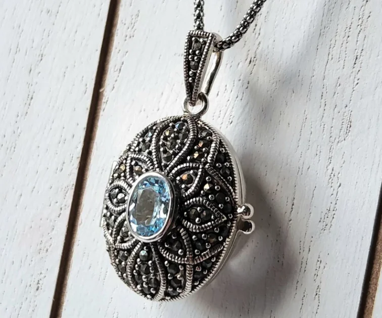 vintage gold pendant necklace for women -Oval Blue Topaz Locket Pendant Sterling Silver Necklace