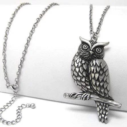 heart-shaped pendant necklace for women -Large Owl Guardian on Tree Branch Antiqued Pendant with Long 30" Chain Necklace