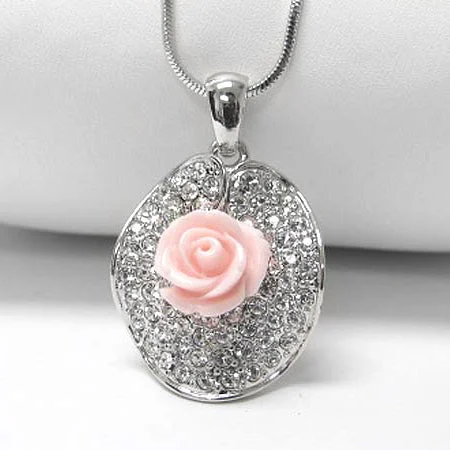 birthstone necklace for women -Pink Rose on Crystal Lillypad Pendant White Gold Plated Necklace 16"