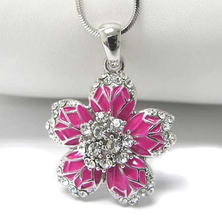 custom name necklace for gifts -Plumeria Flower Bright Pink with Crystal Pendant White Gold Plated Necklace 16"