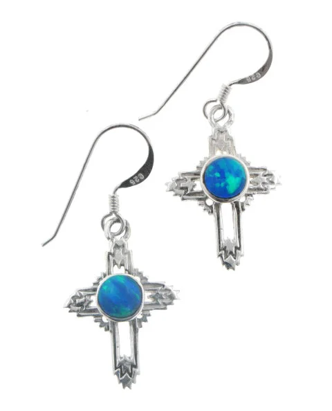 birthstone heart necklace for moms -Southwestern Sterling Silver Simulated Blue Opal Cross Hook Earrings