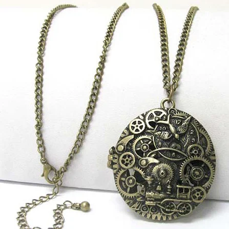 silver teardrop necklace for women -Steampunk Gears Train Scent Locket Pendant 30" Necklace