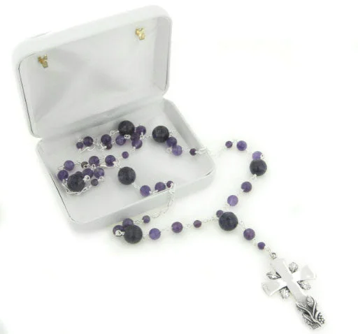 layered pearl necklace for brides -Sterling Silver and Amethyst Catholic Rosary Prayer Beads / Cross Necklace