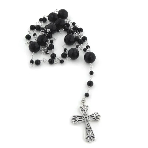 custom message necklace for women -Sterling Silver and Black Onyx Catholic Rosary Prayer Beads / Cross Necklace