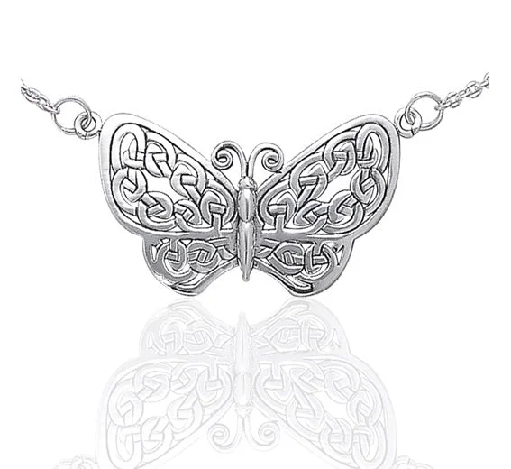 elegant diamond pendant necklace for women -Sterling Silver Celtic Knot Filigree Butterfly 17" Adjustable Necklace